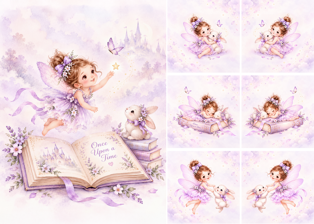 Fairy Girl & Bunny Quilt Fabric Panel Set, Lavender Storybook, Baby Nursery, Cotton Quilting