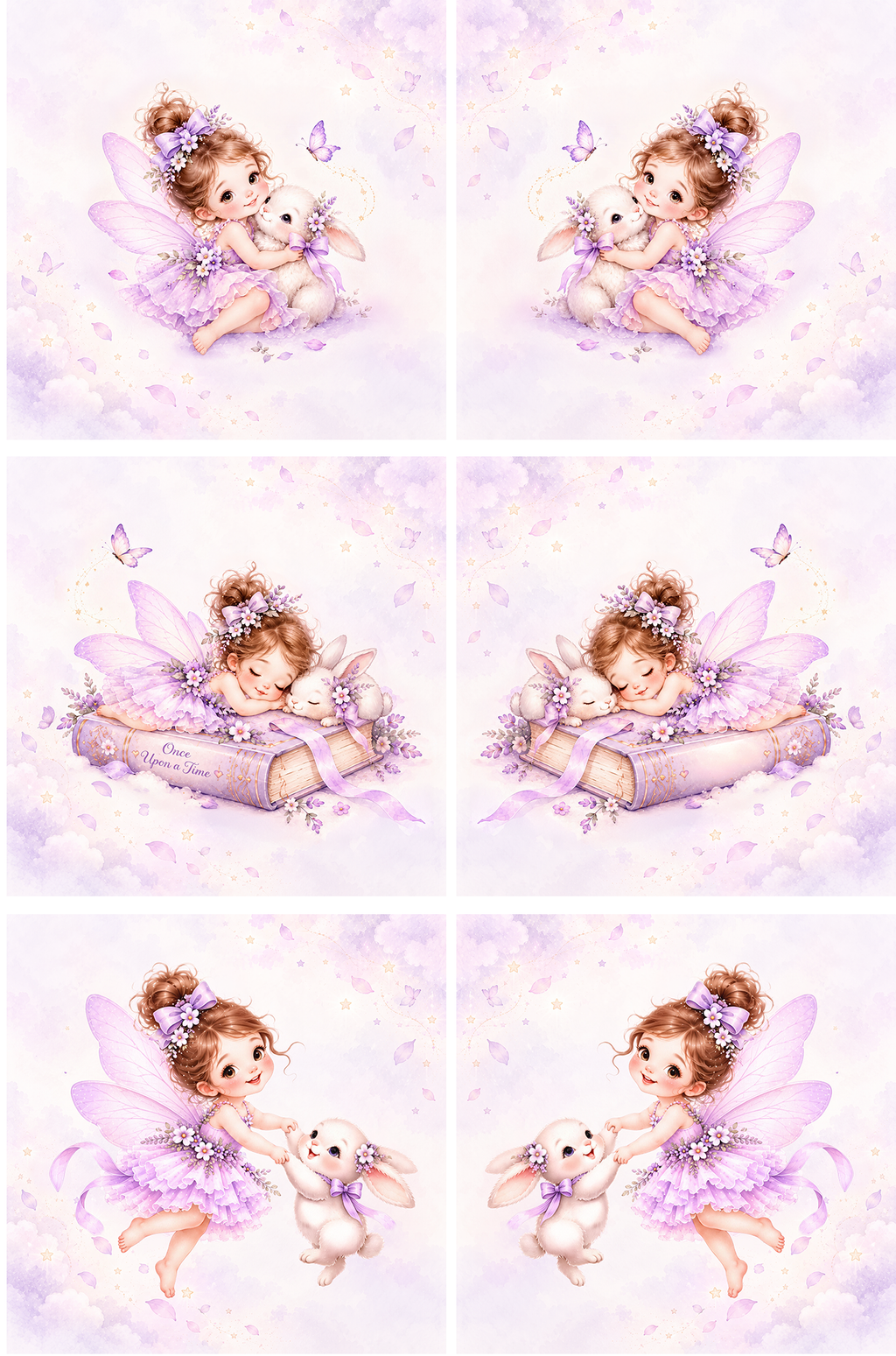 Fairy Girl & Bunny Quilt Fabric Panel Set, Lavender Storybook, Baby Nursery, Cotton Quilting