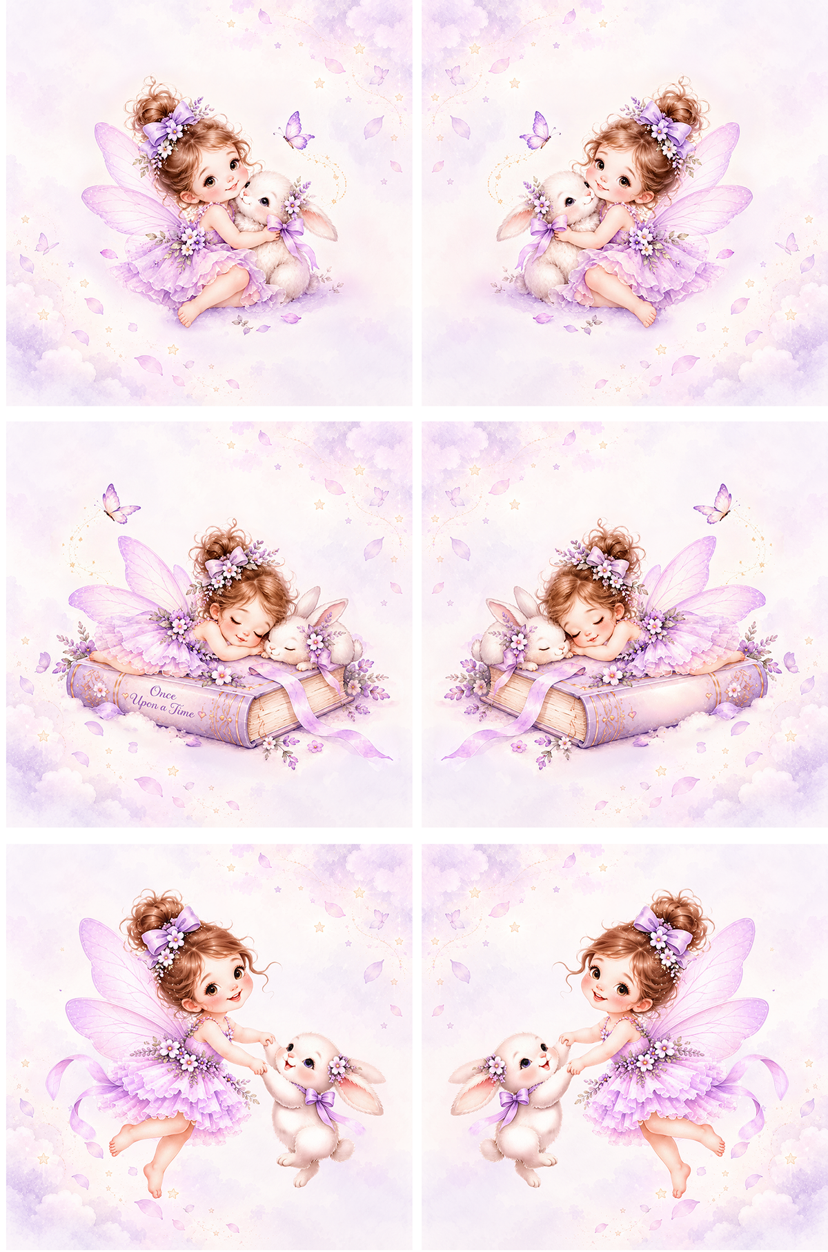 Fairy Girl & Bunny Quilt Fabric Panel Set, Lavender Storybook, Baby Nursery, Cotton Quilting