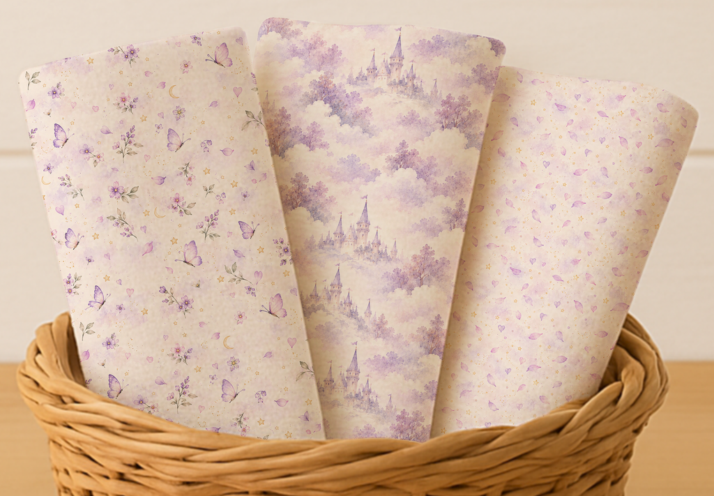 Fairy Girl & Bunny Quilt Fabric Panel Set, Lavender Storybook, Baby Nursery, Cotton Quilting