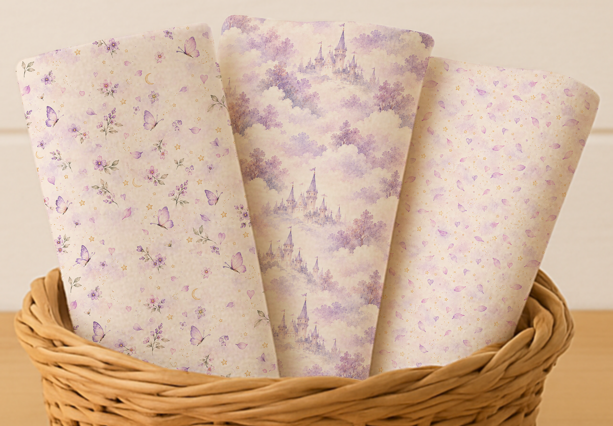 Fairy Girl & Bunny Quilt Fabric Panel Set, Lavender Storybook, Baby Nursery, Cotton Quilting