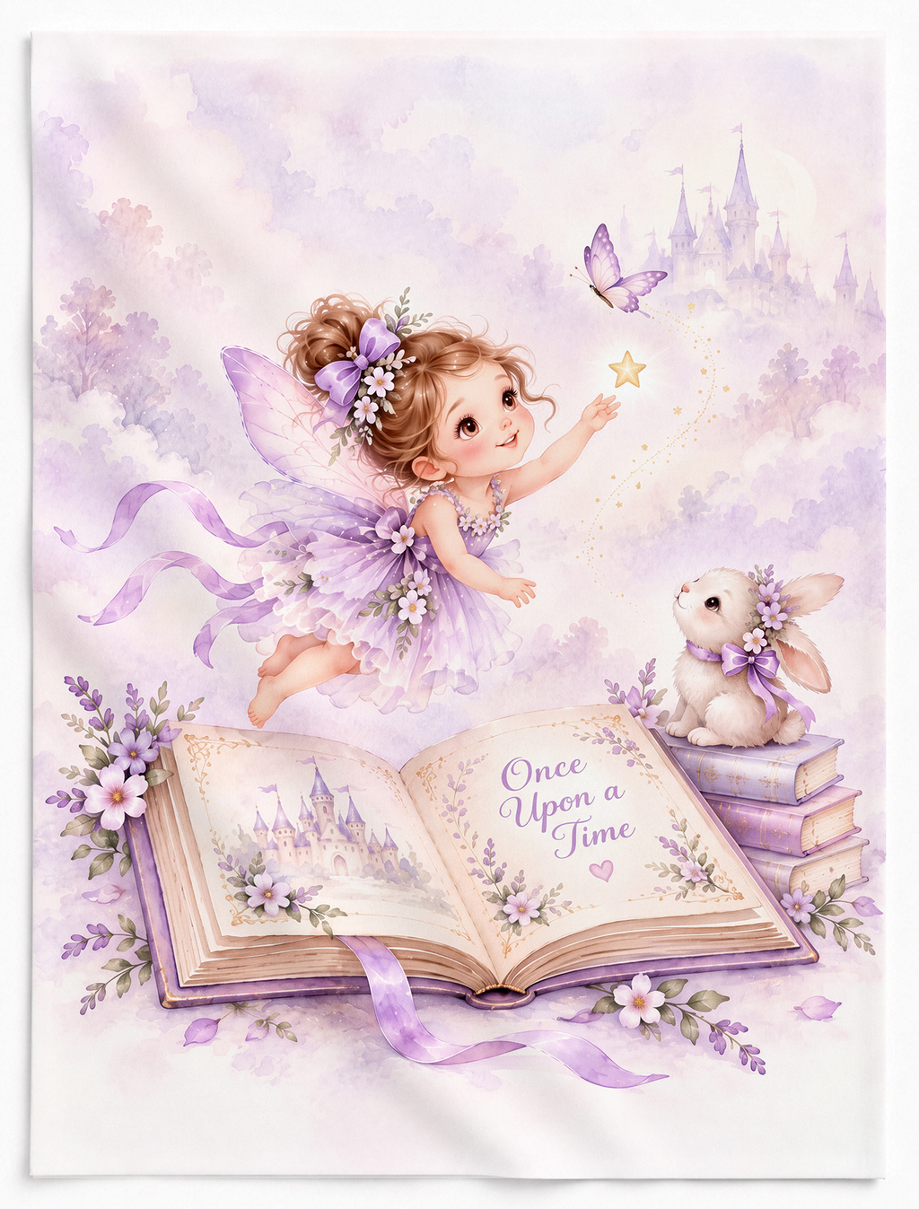 Fairy Girl & Bunny Quilt Fabric Panel Set, Lavender Storybook, Baby Nursery, Cotton Quilting