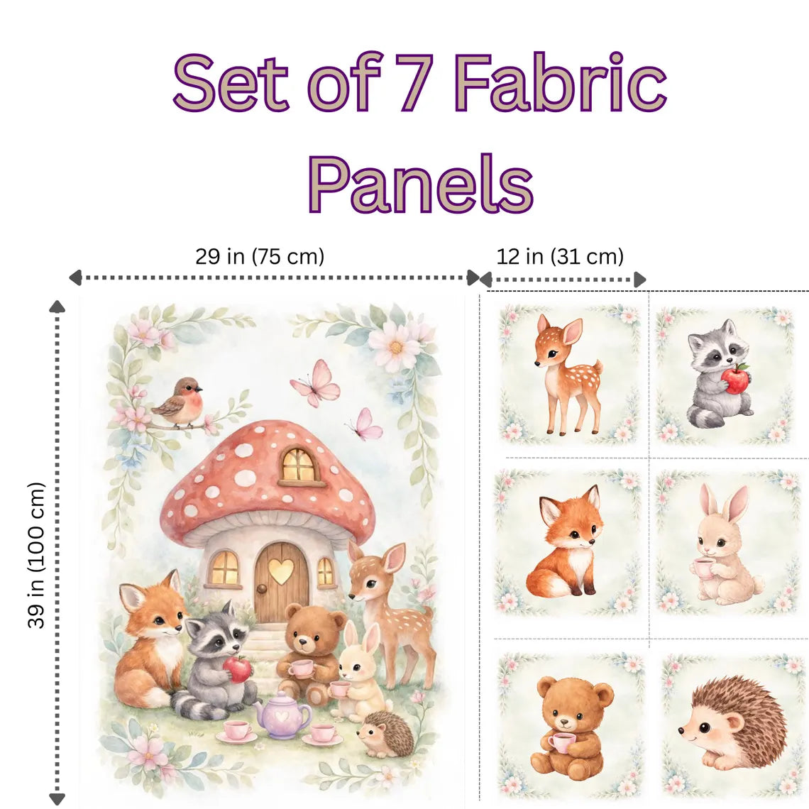 Maison De Flufari TM - Woodland Tea Party Animal Fabric Panel for Quilting
