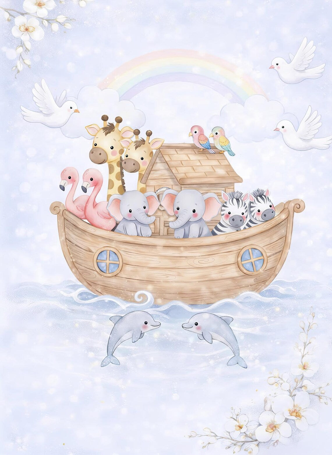 Maison De Flufari TM  - Pastel Blue Noah’s Ark Fabric Panel Set Baby Quilt