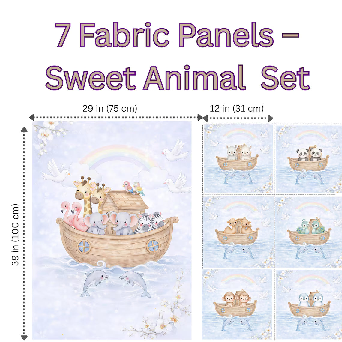 Maison De Flufari TM  - Pastel Blue Noah’s Ark Fabric Panel Set Baby Quilt