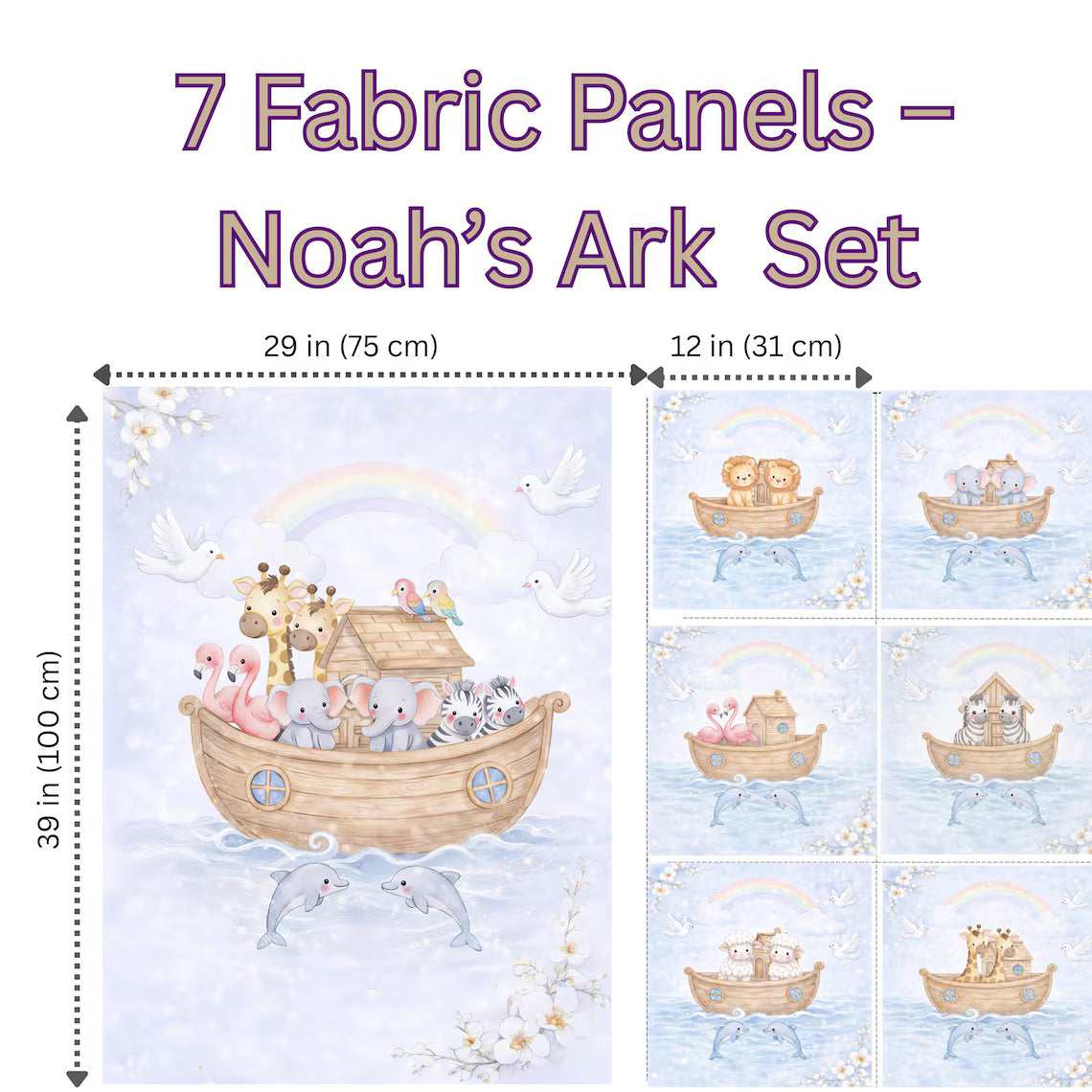 Maison De Flufari TM  - Pastel Blue Noah’s Ark Fabric Panel Set Baby Quilt