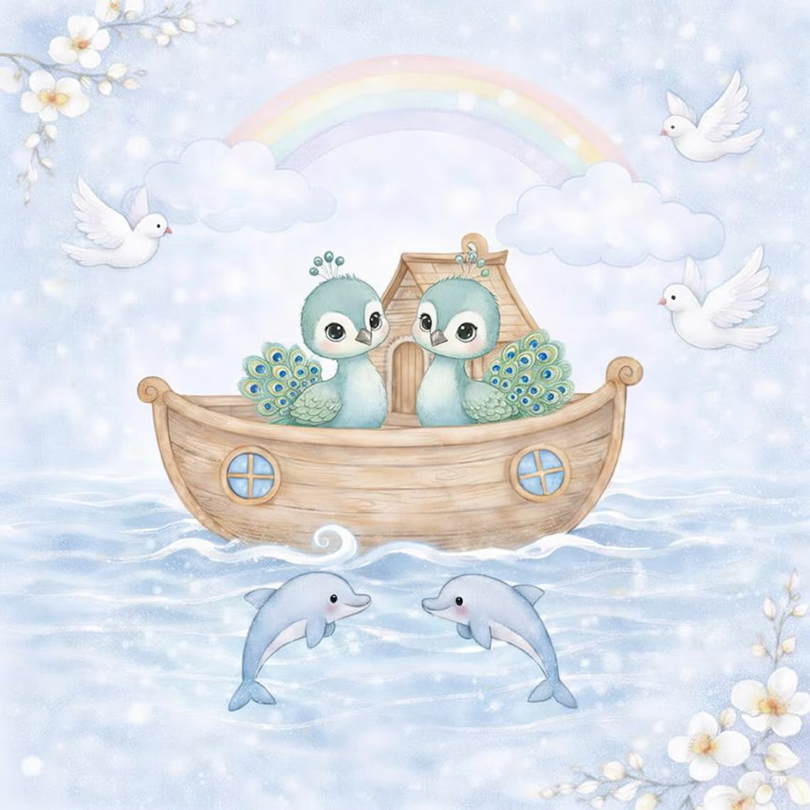 Maison De Flufari TM  - Pastel Blue Noah’s Ark Fabric Panel Set Baby Quilt