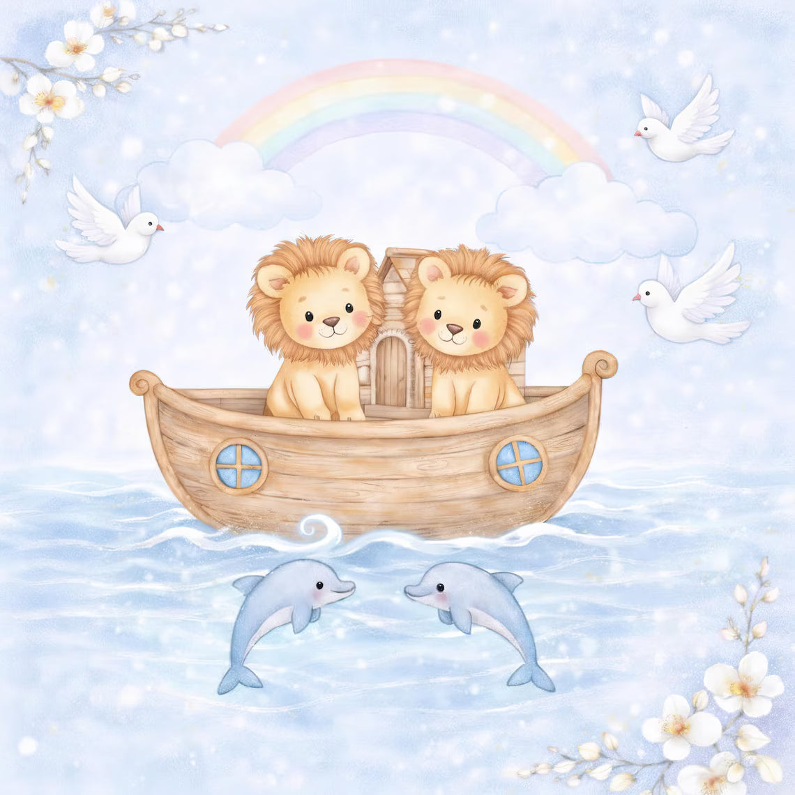 Maison De Flufari TM  - Pastel Blue Noah’s Ark Fabric Panel Set Baby Quilt