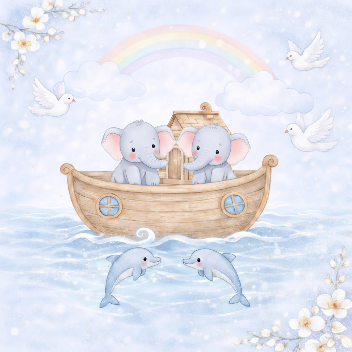 Maison De Flufari TM  - Pastel Blue Noah’s Ark Fabric Panel Set Baby Quilt