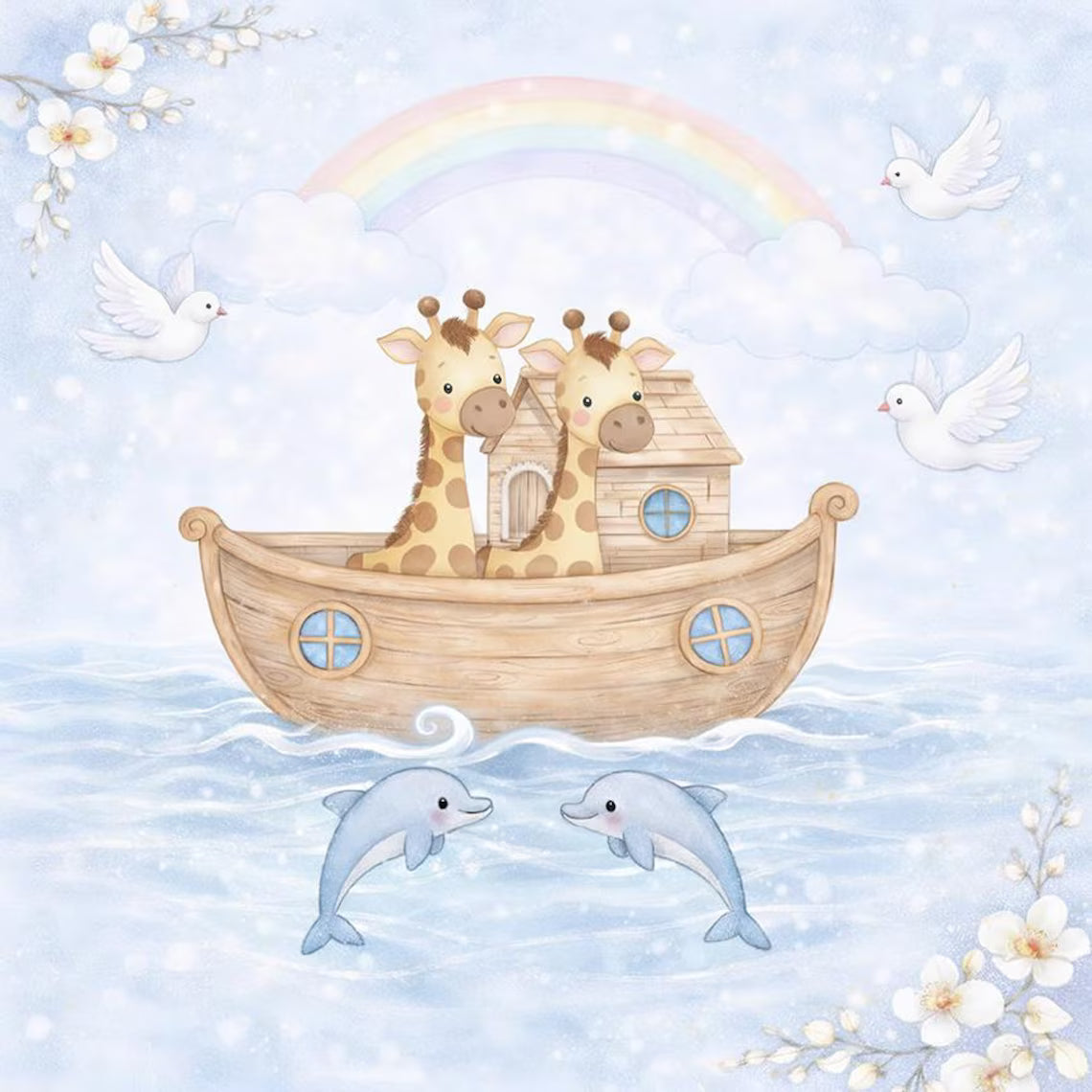 Maison De Flufari TM  - Pastel Blue Noah’s Ark Fabric Panel Set Baby Quilt