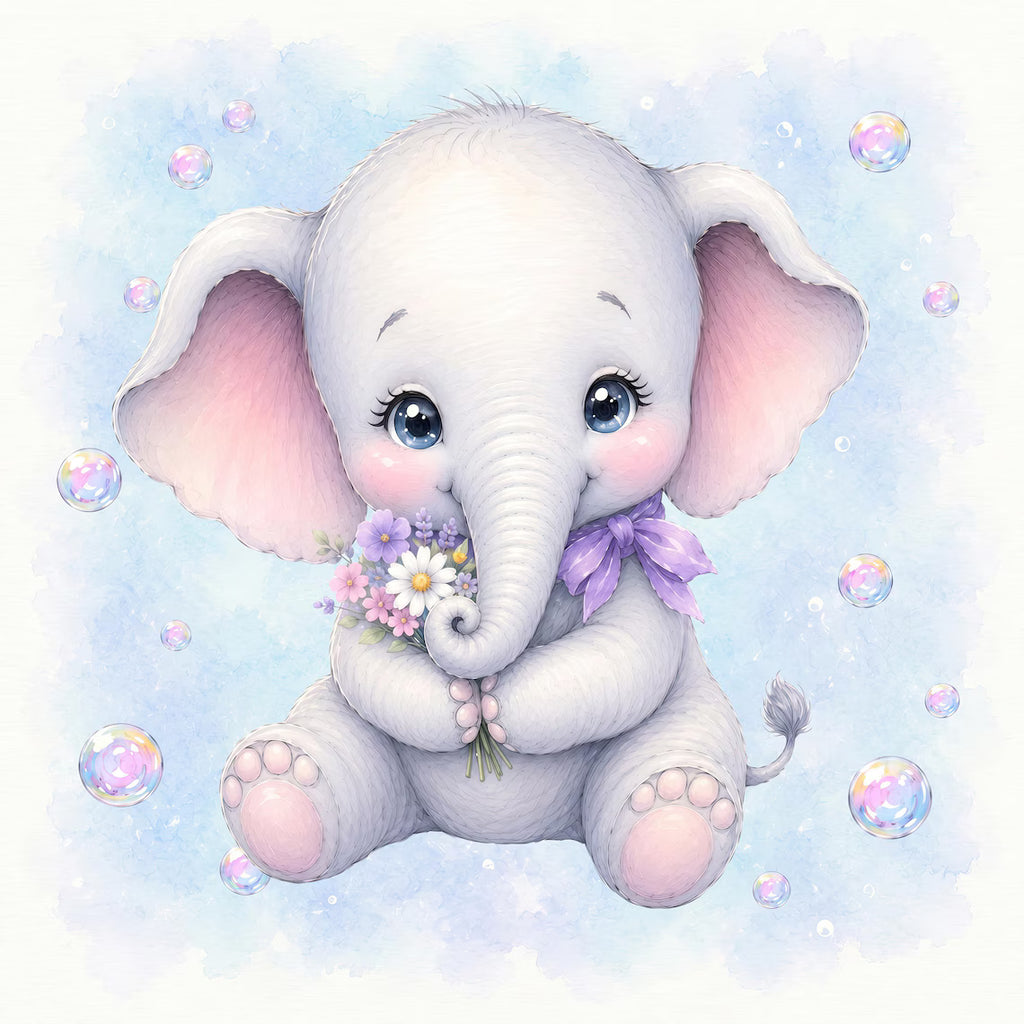 Maison De Flufari TM - Baby Girl Blue Elephant Fabric Panels • 100% Cotton Quilt Panel