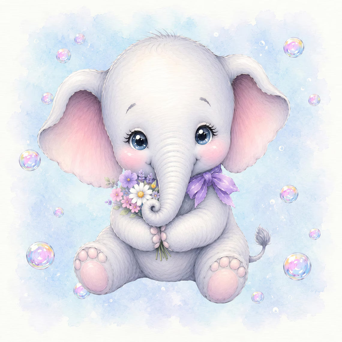 Maison De Flufari TM - Baby Girl Blue Elephant Fabric Panels • 100% Cotton Quilt Panel