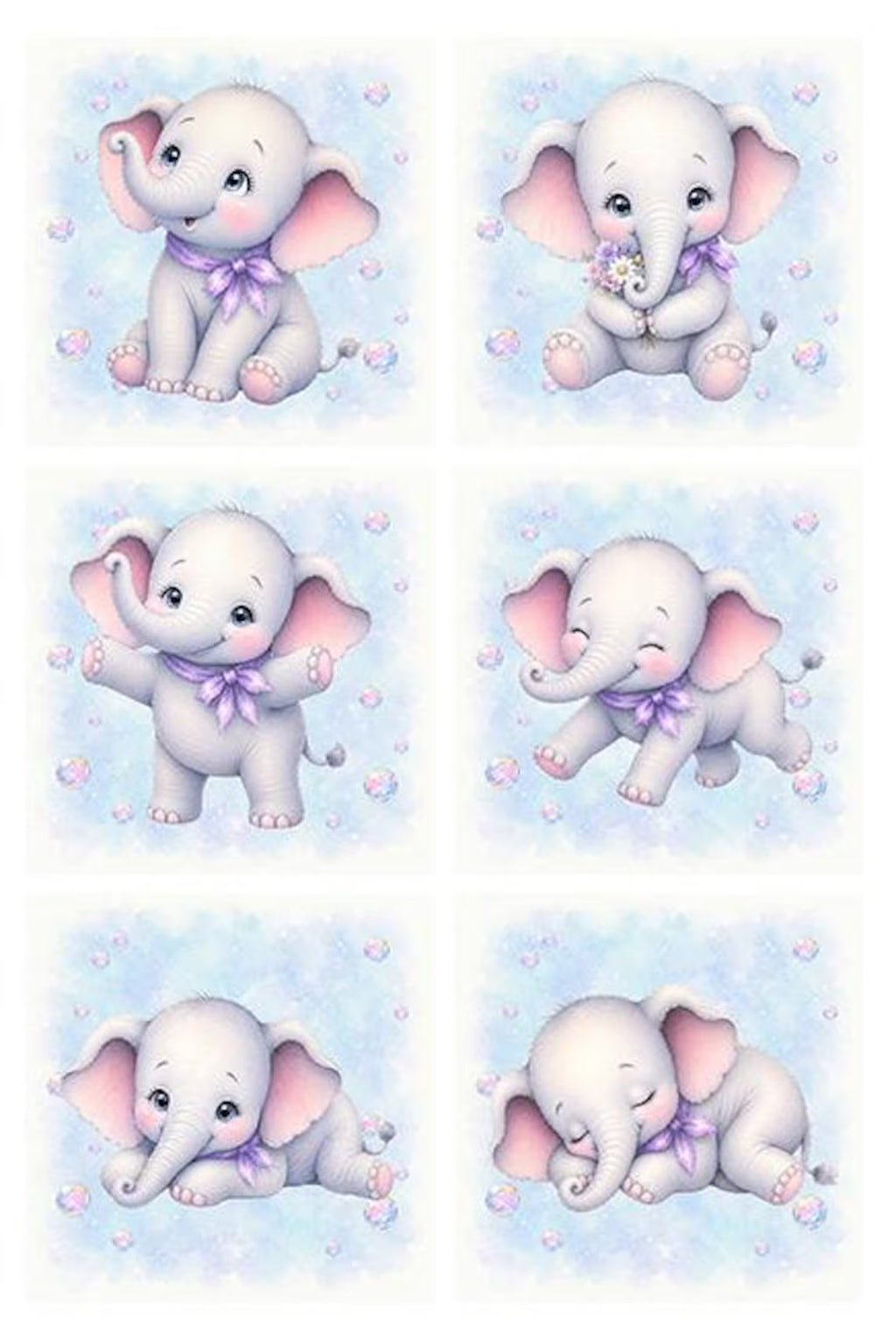 Maison De Flufari TM - Baby Girl Blue Elephant Fabric Panels • 100% Cotton Quilt Panel