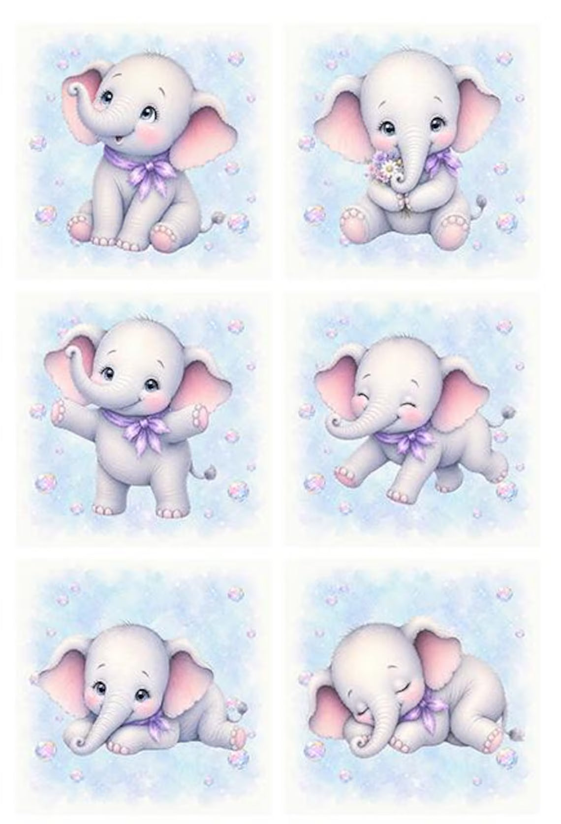 Maison De Flufari TM - Baby Girl Blue Elephant Fabric Panels • 100% Cotton Quilt Panel