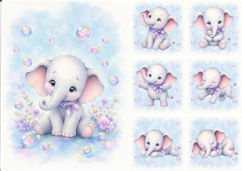 Maison De Flufari TM - Baby Girl Blue Elephant Fabric Panels • 100% Cotton Quilt Panel