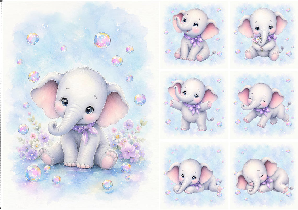Maison De Flufari TM - Baby Girl Blue Elephant Fabric Panels • 100% Cotton Quilt Panel