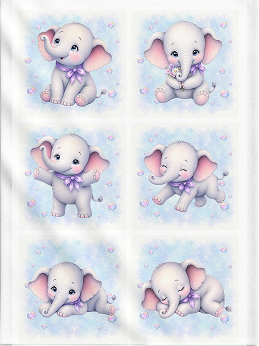 Maison De Flufari TM - Baby Girl Blue Elephant Fabric Panels • 100% Cotton Quilt Panel