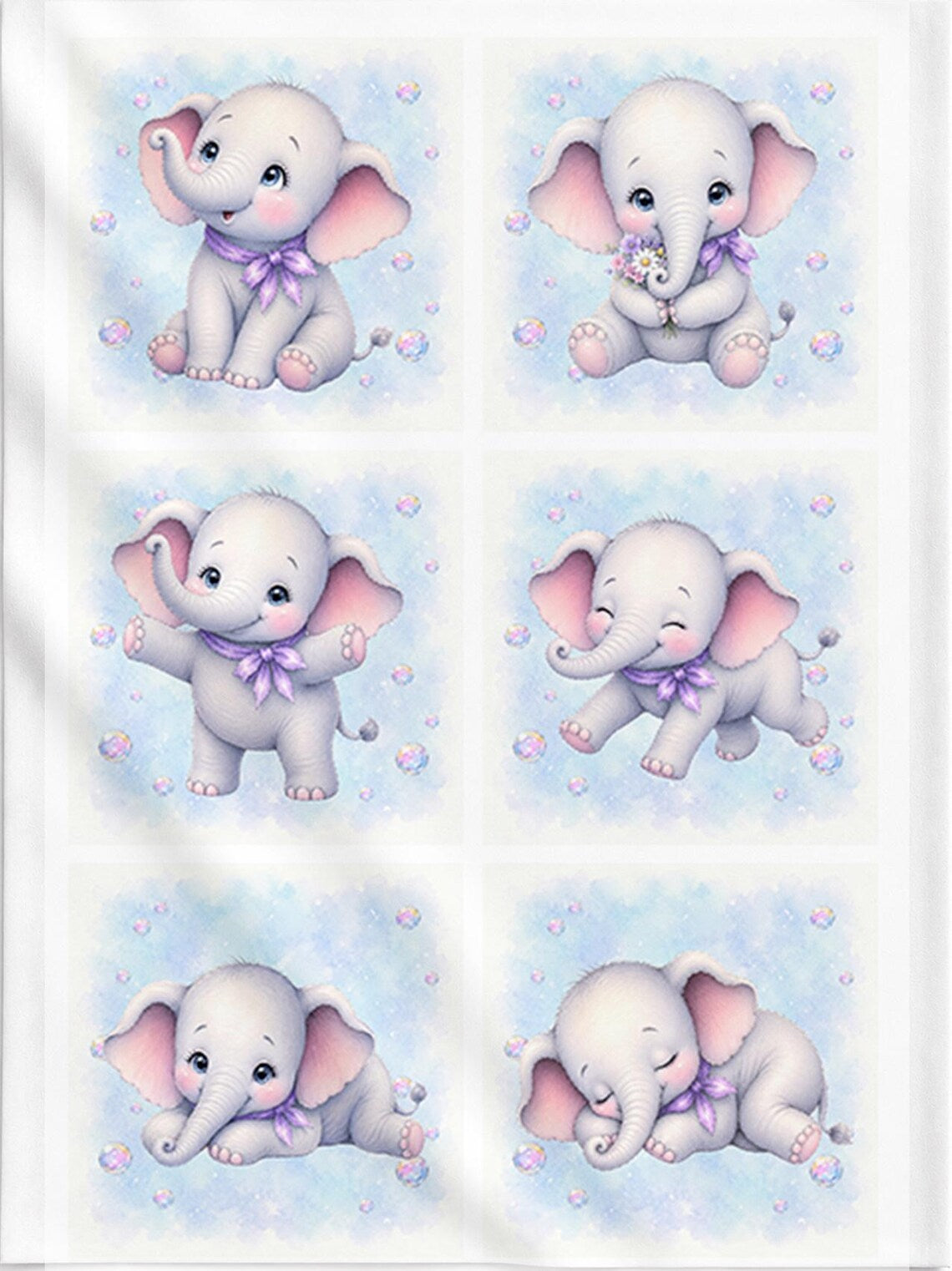 Maison De Flufari TM - Baby Girl Blue Elephant Fabric Panels • 100% Cotton Quilt Panel
