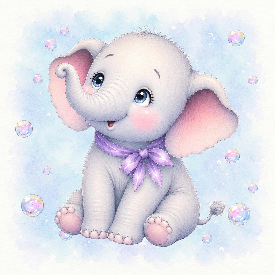 Maison De Flufari TM - Baby Girl Blue Elephant Fabric Panels • 100% Cotton Quilt Panel