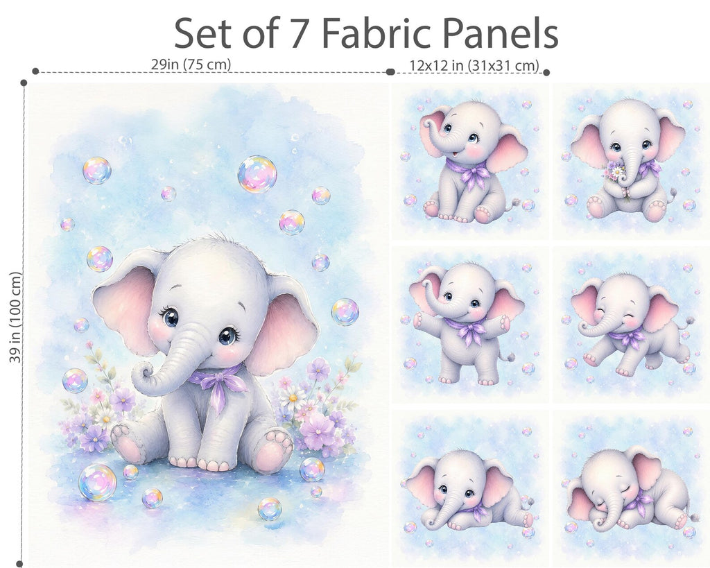 Maison De Flufari TM - Baby Girl Blue Elephant Fabric Panels • 100% Cotton Quilt Panel