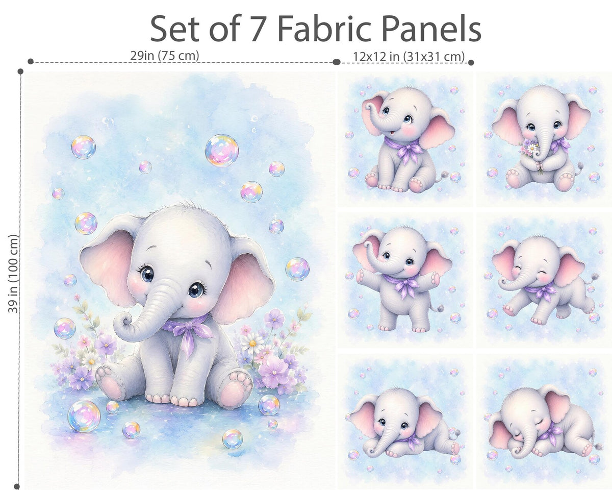 Maison De Flufari TM - Baby Girl Blue Elephant Fabric Panels • 100% Cotton Quilt Panel