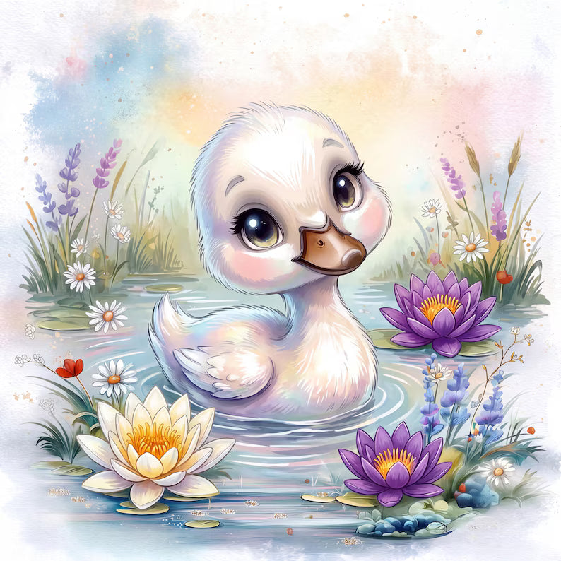 Maison De Flufari TM - Baby Swan - Duckling Fabric Panel for Quilting, Goose Nursery Decor, 100% Cotton