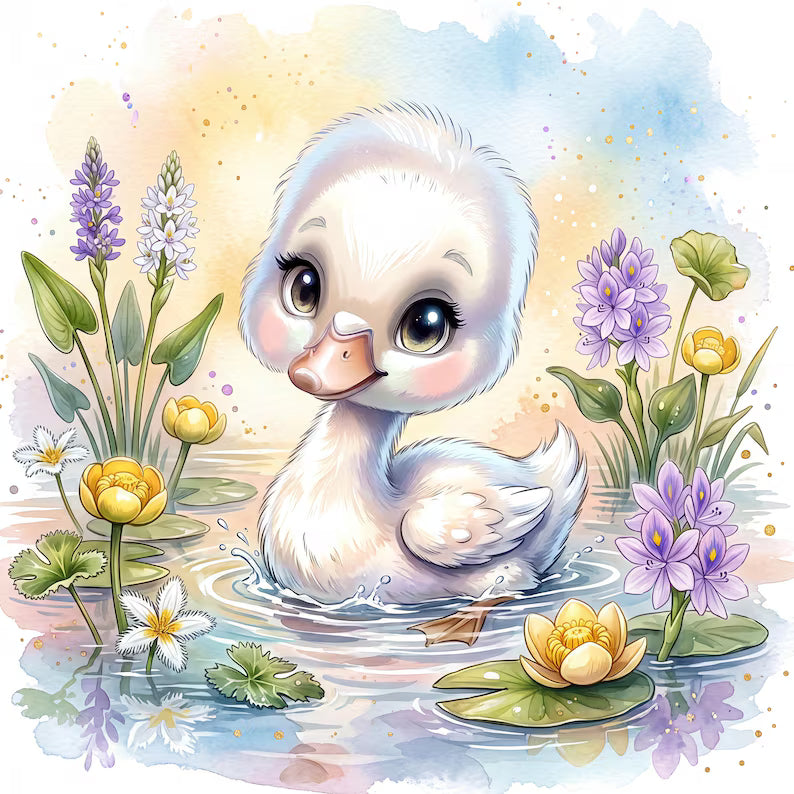 Maison De Flufari TM - Baby Swan - Duckling Fabric Panel for Quilting, Goose Nursery Decor, 100% Cotton