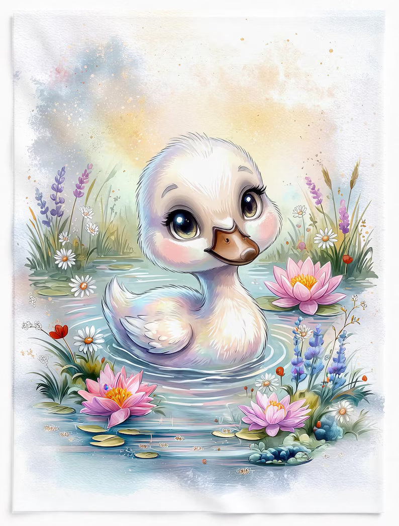 Maison De Flufari TM - Baby Swan - Duckling Fabric Panel for Quilting, Goose Nursery Decor, 100% Cotton