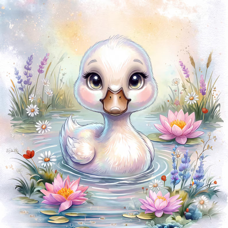 Maison De Flufari TM - Baby Swan - Duckling Fabric Panel for Quilting, Goose Nursery Decor, 100% Cotton