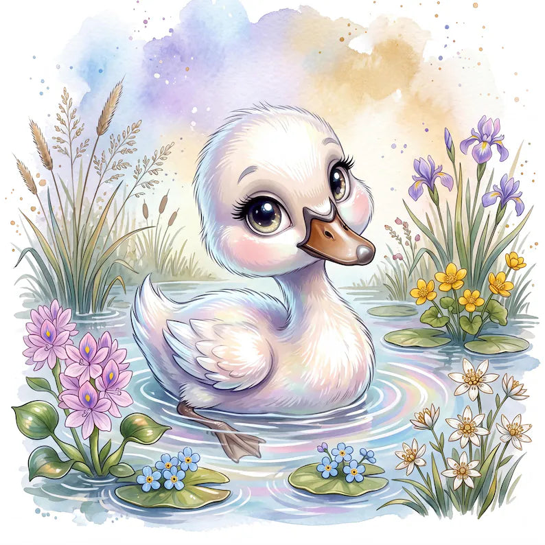 Maison De Flufari TM - Baby Swan - Duckling Fabric Panel for Quilting, Goose Nursery Decor, 100% Cotton