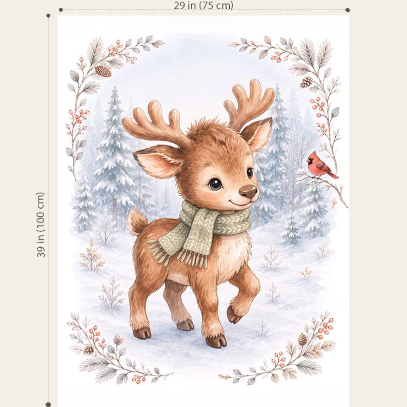 Maison De Flufari TM - Winter Christmas Fabric Baby Quilt Panel - Fox Moose Bear Bunny Squirrel, Woodland Animals Cotton Fabric