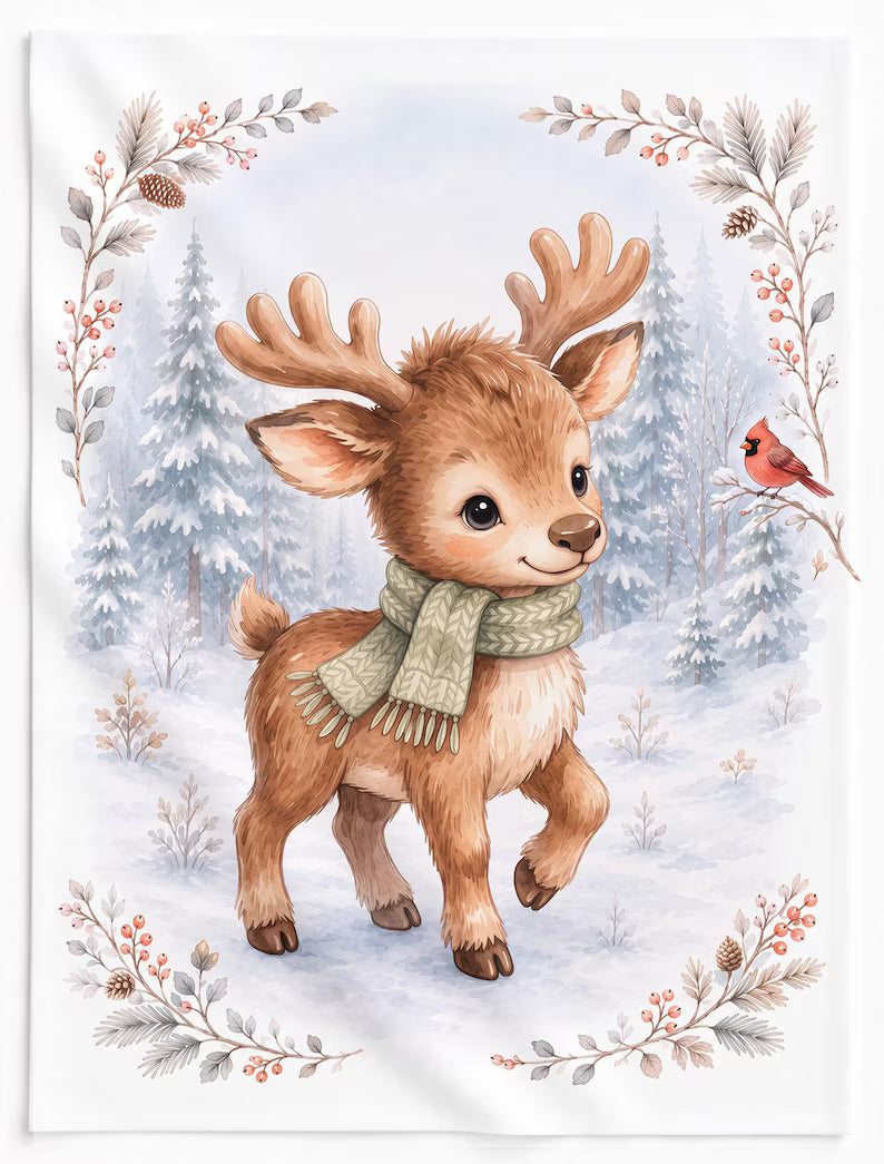 Maison De Flufari TM - Winter Christmas Fabric Baby Quilt Panel - Fox Moose Bear Bunny Squirrel, Woodland Animals Cotton Fabric