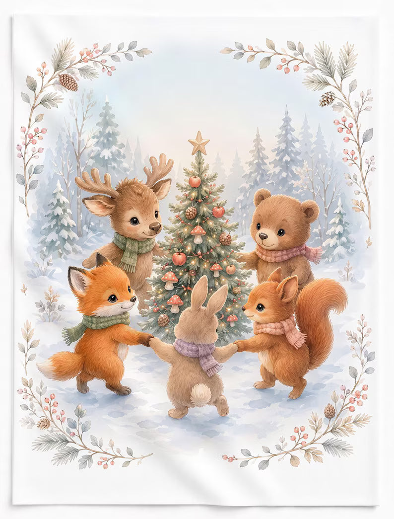 Maison De Flufari TM - Winter Christmas Fabric Baby Quilt Panel - Fox Moose Bear Bunny Squirrel, Woodland Animals Cotton Fabric
