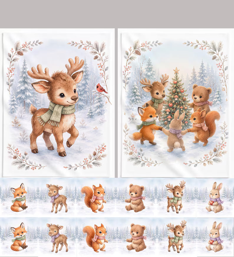 Maison De Flufari TM - Winter Christmas Fabric Baby Quilt Panel - Fox Moose Bear Bunny Squirrel, Woodland Animals Cotton Fabric