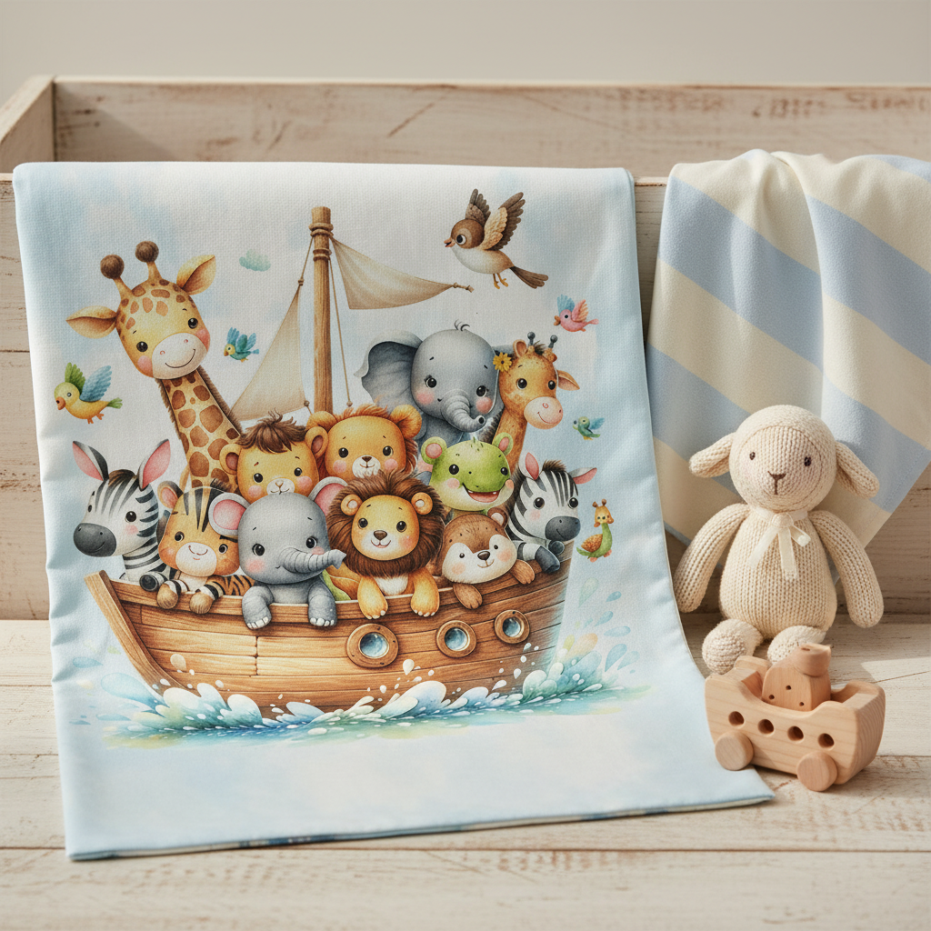 Maison De Flufari TM  - Pastel Blue Noah’s Ark Fabric Panel Set Baby Quilt