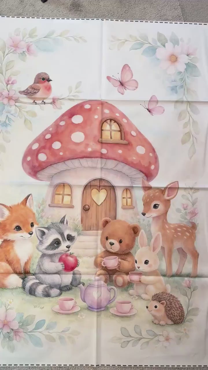 Maison De Flufari TM - Woodland Tea Party Animal Fabric Panel for Quilting