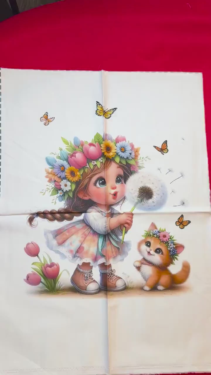 Maison De Flufari TM - Little Girl and Kitten Fabric Panel